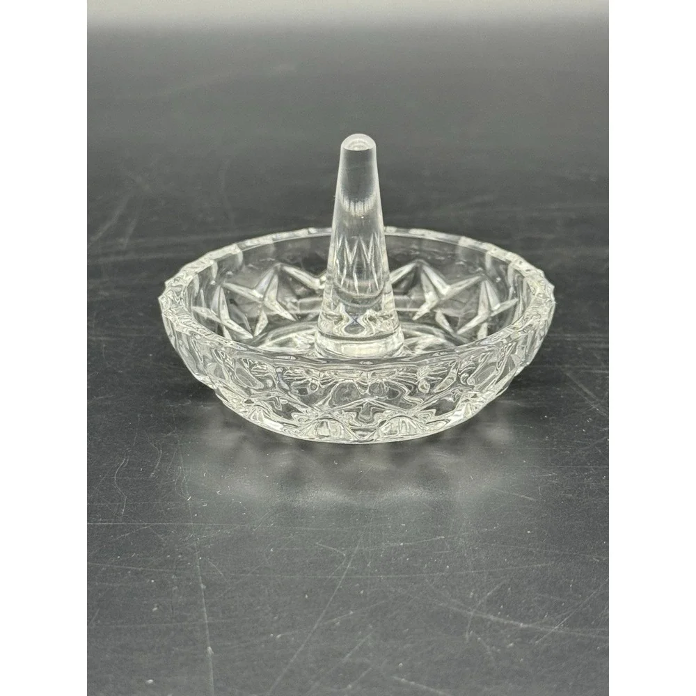 Clear Glass Ring Holder Dish with Cone – Star Pattern Vanity Jewelry Stand